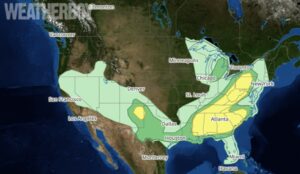 According to the latest SPC-issued Convective Outlook, there's a risk of thunderstorms everywhere that is shaded on this map. There is an elevated threat of severe storms in the darker green area; areas in yellow have an even higher threat of severe storms today. Image: weatherboy.com