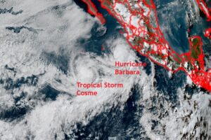 Cosme and Barbara are spinning about in the eastern Pacific, as this current view from the GOES-West weather satellite shows. Image: NOAA