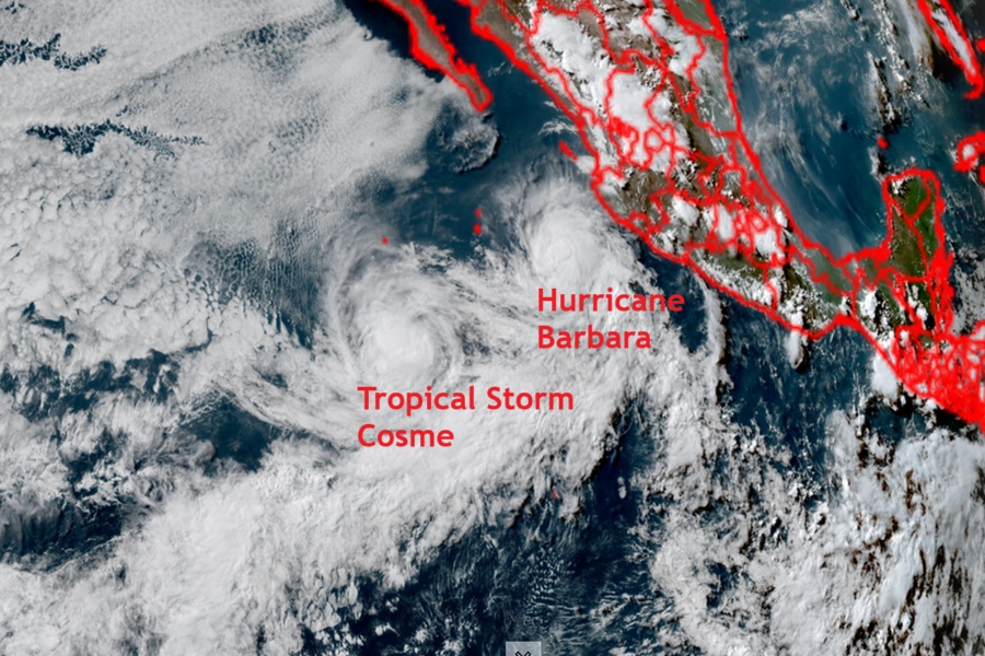 Cosme and Barbara are spinning about in the eastern Pacific, as this current view from the GOES-West weather satellite shows. Image: NOAA