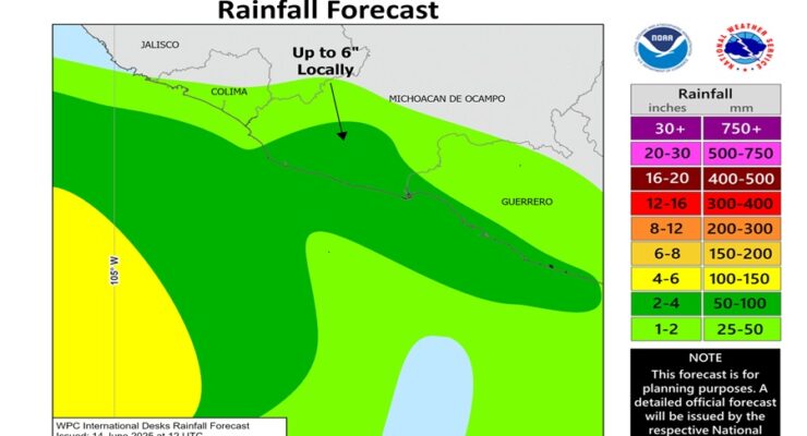 6" or more of rain is possible along the coast of Mexico as Dalila moves north and west before heading more west. Image: NWS