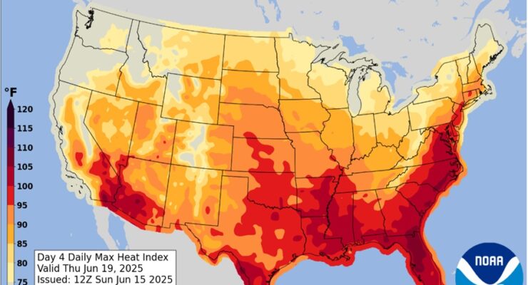 Expected heat index for Thursday across the nation. Image: NWS
