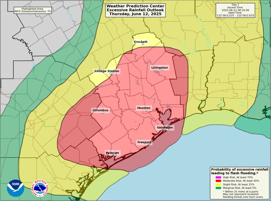The area in red is most likely to see excessive, heavy rains today --the second day in the row for the area. Image: NWS WPC