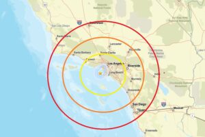 The earthquake struck inside the colored concentric rings on this map this afternoon in Los Angeles. Image: USGS
