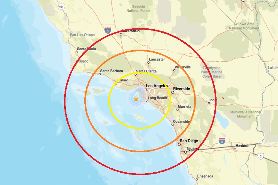 The earthquake struck inside the colored concentric rings on this map this afternoon in Los Angeles. Image: USGS