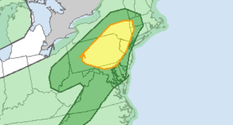 While thunderstorms are possible in any color shaded area, the dark green has an elevated threat of severe thunderstorms while the yellow one has an even higher threat level. Image: NWS SPC