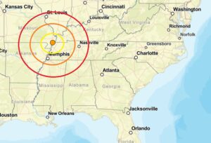 The earthquake struck near New Madrid at the orange dot inside these colored concentric circles. Image: USGS
