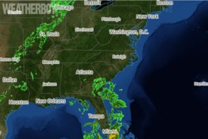 Latest RADAR shows disorganized shower and storm activity over the southeast. This area should increase in activity in the coming days. Image: weatherboy.com