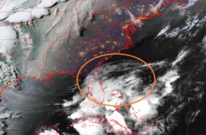 The area of concern is circled in orange on this latest satellite view provided by GOES-East. Image: NOAA