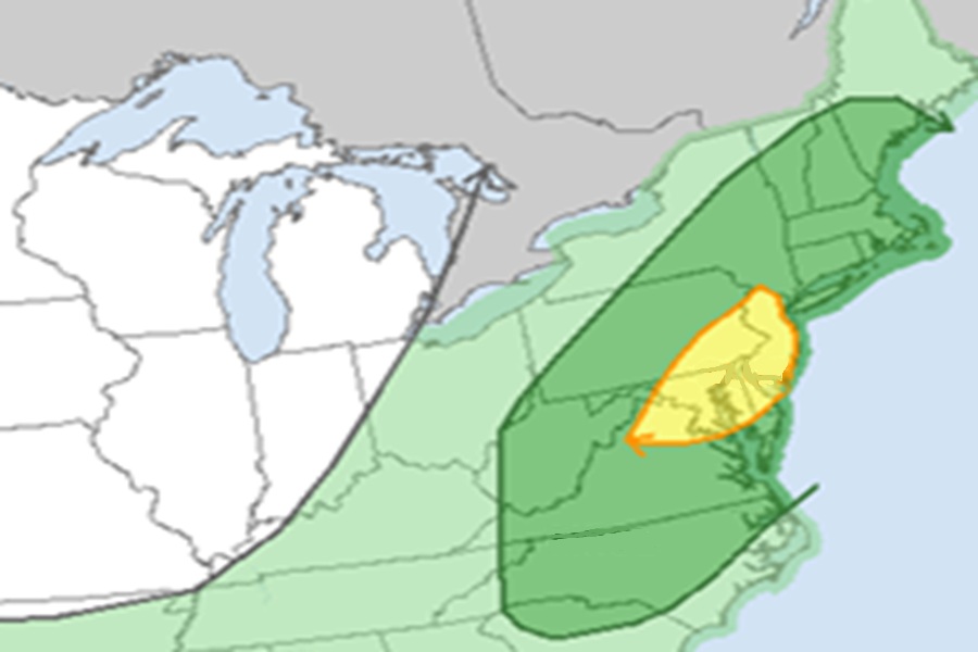 Thunderstorms are possible in the color shaded areas; there's an increased threat of severe thunderstorms within the dark green area and an even higher threat level in the yellow area. Image: NWS SPC
