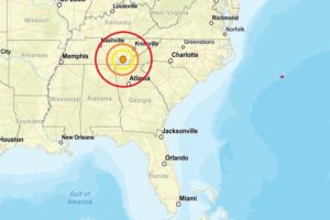The overnight earthquake struck at the orange dot surrounded by the colored concentric circles on this map. Image: USGS