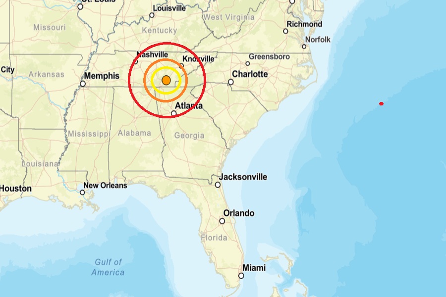 The overnight earthquake struck at the orange dot surrounded by the colored concentric circles on this map. Image: USGS