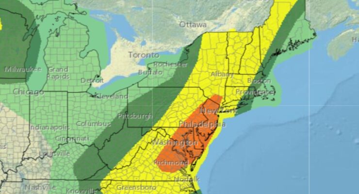 The Storm Prediction Center had highlighted the area in orange as being in an "enhanced" zone for severe to potentially violent weather later today. Image: NWS