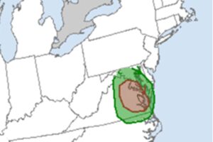The colored region in the Mid Atlantic has an elevated risk of tornadic thunderstorms today, with the brown area exposed to a greater risk than the green area. Image: NWS