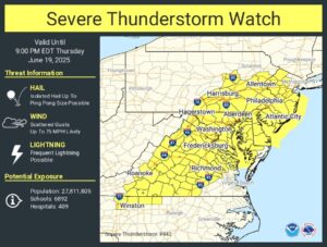 A Severe Thunderstorm Watch has been issued for the area in yellow. Image: NWS