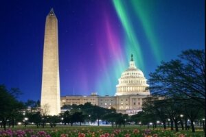 Aurora could appear in cloud-free night skies void of clouds or light pollution throughout a large part of the United States. Image: AI Generated by Grok