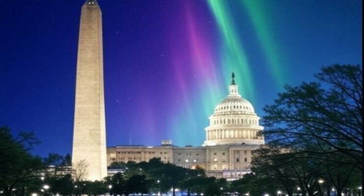 Aurora could appear in cloud-free night skies void of clouds or light pollution throughout a large part of the United States. Image: AI Generated by Grok