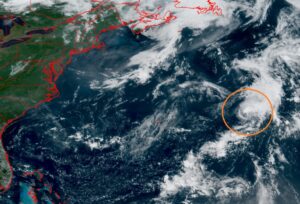 The area circled in orange is the location of a developing tropical cyclone. Image: NOAA