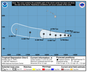 Latest official forecast track for the new tropical cyclone. Image: NHC/CPHC