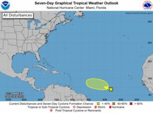 Latest Tropical Outlook shows an area in yellow being tracked for potential tropical cyclone development in the Atlantic. Image: NHC
