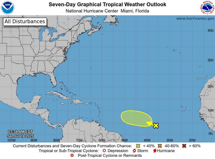 Latest Tropical Outlook shows an area in yellow being tracked for potential tropical cyclone development in the Atlantic.  Image: NHC