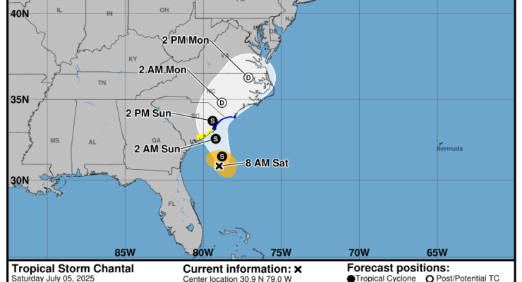 Latest official track for Chantal from the National Hurricane Center. Image: NHC