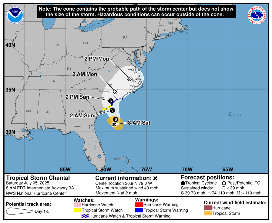Latest official track for Chantal from the National Hurricane Center. Image: NHC