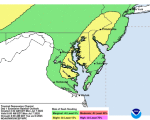 The yellow area has an elevated risk of flooding due to the remnant moisture arriving from what was once Tropical Storm Chantal. Image: WPC