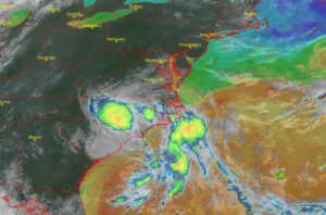 Latest color enhanced weather satellite view of Chantal, with water temperatures colored to reflect where warmer/cooler water is. Image: NOAA