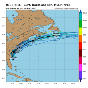 Forecast models are closely aligned that Chantal will slide up the East Coast and head out to sea around or south of the Canadian Maritimes. Image: tropicaltidbits.com