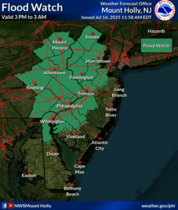 Flood Watches are now in effect for the area in green. Image: NWS