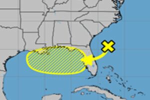 The latest National Hurricane Tropical Outlook shows an area near the southeast coast which could move west and develop into a tropical cyclone over the next 7 days in the Gulf of America. Image: NHC