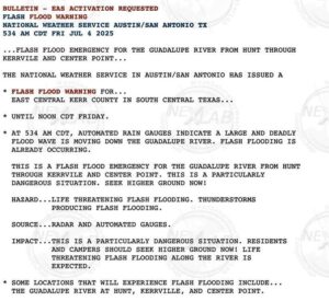 The National Weather Service issued flood related advisories hours before the worst of the floods arrived; discussion of the flood potential was common in forecasts for several days leading up to the disaster. Image: NWS