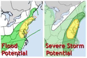 The left map illustrates where there is an elevated risk of flooding, with yellow greater than green. On the right, the risk of severe thunderstorms today is shown, with dark green indicating where thunderstorm activity is likely and the yellow area indicating where the greatest threat of severe storms will be. Image: NWS / WPC / SPC