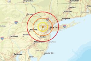 The epicenter of today's earthquake in New Jersey was at the orange dot inside the colored concentric circles on this map. Image: USGS