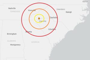 Today's earthquake struck at the orange dot located inside the concentric colored circles. Image: USGS