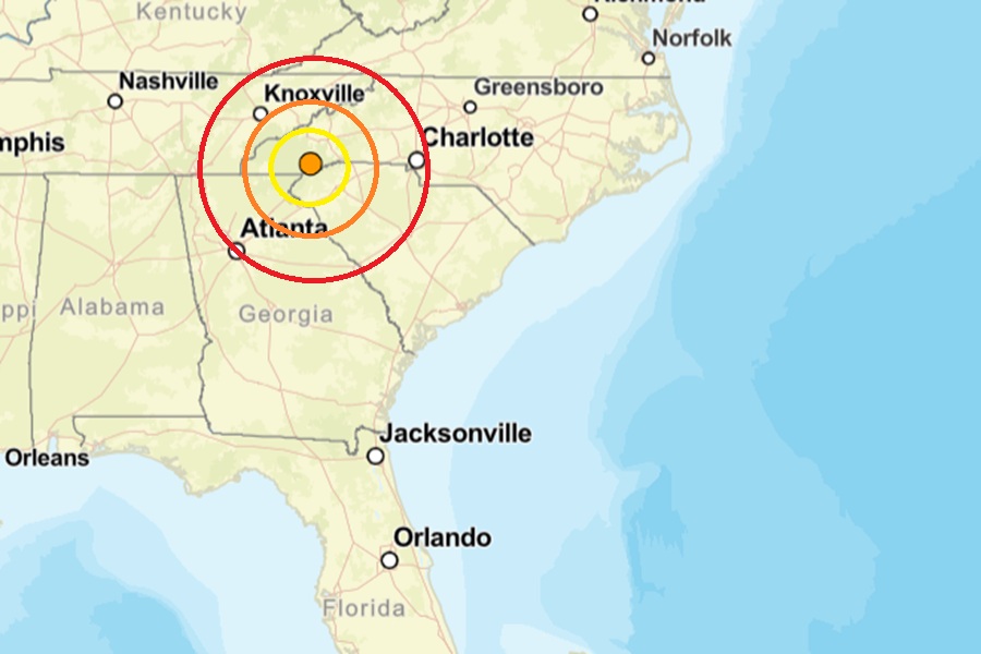 The epicenter of the overnight earthquake was at the orange dot inside the colored concentric circles on the map. Image: USGS