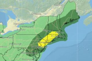 While thunderstorms are possible anywhere in the green area, there is an elevated risk of severe storms in the dark green zone. In the yellow zone, the risk is even higher. Image: NWS