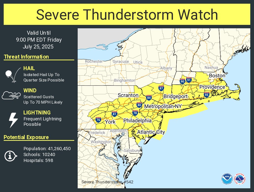 A Severe Thunderstorm Watch is in effect for the area in yellow. Image: NWS