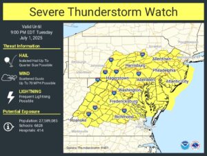 A Severe Thunderstorm Watch is in effect through 9pm for the yellow area. Image: NWS SPC