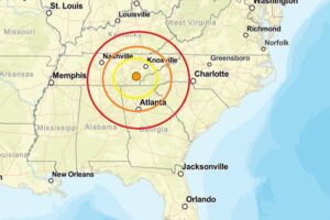 Today's earthquake struck at the orange dot inside the colored concentric circles on this map. Image: USGS