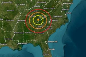 The epicenter of the earthquake struck at the orange dot inside the colored concentric circles on this map. Image: USGS