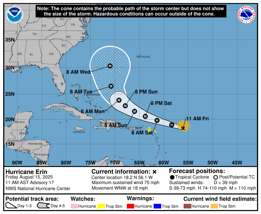 Latest official forecast track for Hurricane Erin. Image: NHC
