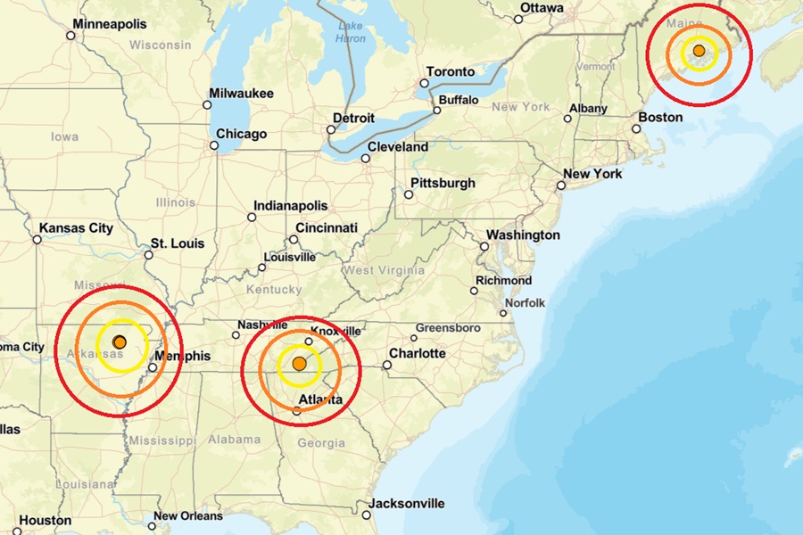 The earthquake epicenters struck inside the colored concentric circles on this map. Image: USGS