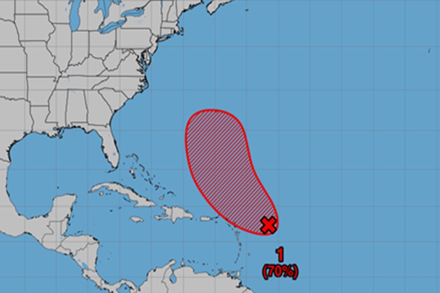 The area marked by an X is likely to develop into a tropical cyclone as it moves into the red zone on this Tropical Outlook map. Image: NHC
