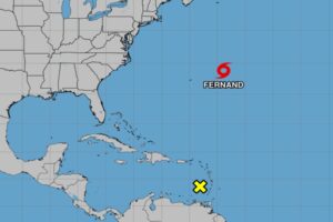 The National Hurricane Center is monitoring Fernand and an area of disturbed weather near the yellow X; elsewhere, there are no other concerns at this time. Image: NHC