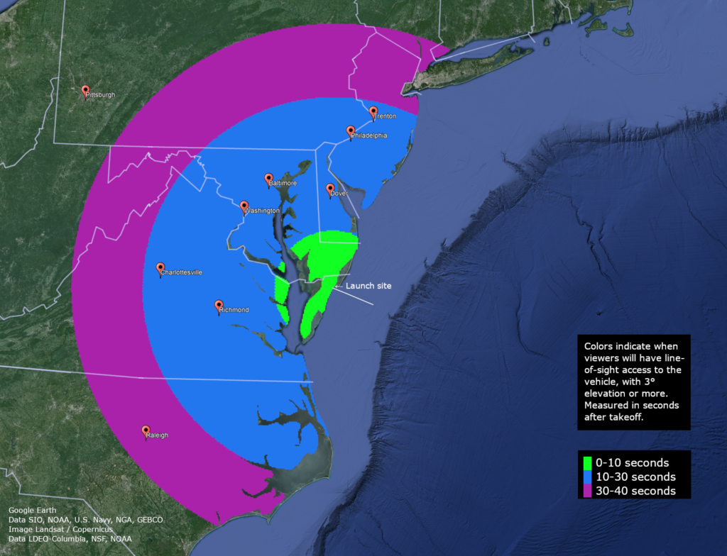 The shaded area could see this evening's rocket launches at or right after lift-off based on the key. Image: NASA