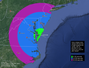 The shaded area could see this evening's rocket launches at or right after lift-off based on the key. Image: NASA