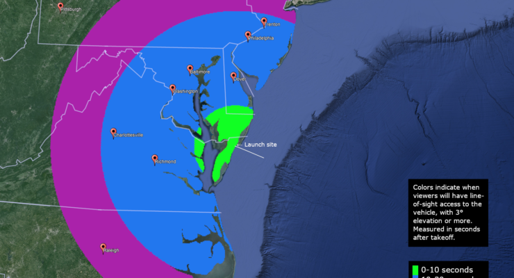 The shaded area could see this evening's rocket launches at or right after lift-off based on the key. Image: NASA