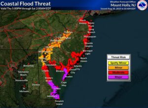 The National Weather Service is now warning that there is a "MAJOR" threat of coastal flooding from Hurricane Erin along portions of Cape May County, New Jersey and portions of the Delaware beaches. Image: NWS