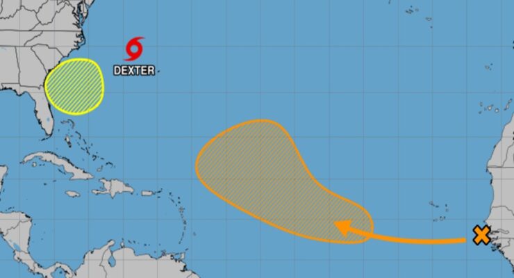 While Dexter moves away from the U.S. East Coast, two new systems could develop in the yellow and orange shaded areas in the coming days. Image: NHC